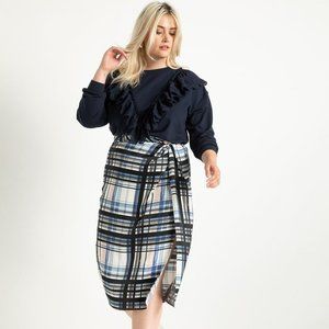 Plaid Twisted Front Midi Skirt